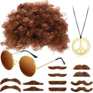 WILLBOND Hippie Afro Wig Disco Accessories Costume Set for Men Sunglasses Peace Sign Necklace Moustache for 50/60/70s Retro Theme Party (Brown)