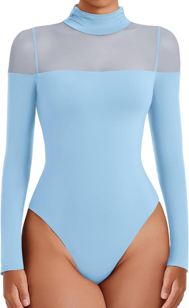 Avidlove Women's Long Sleeve Bodysuits Thong Turtle Neck Body Suit Mesh Going Out Leotard Tops One Piece (XX-Large, Light Blue)