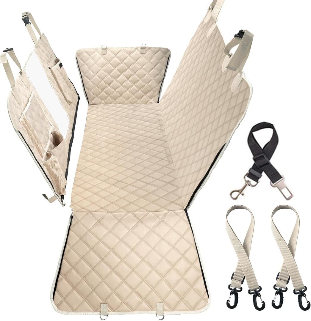 Dog Car Seat Cover for Back Seat, Dog Hammock for Car, Waterproof Backseat Cover for Dogs in Car SUV & Truck, with Mesh Window and Multiple Pockets (Regular 52"W x 58" L, Beige)