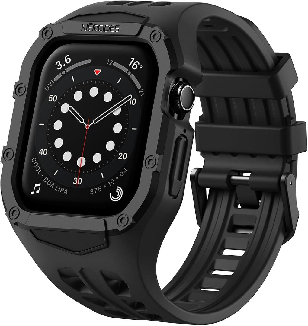 Nereides Rugged Case with Band for Apple Watch Series 9/8/7/6/5/4/SE 3/SE 2/SE 44mm/45mm, Breathable TPU Sport Strap + PC Protective Bumper, Shock-Resistant, Sweat & Water-Resistanty (Black)