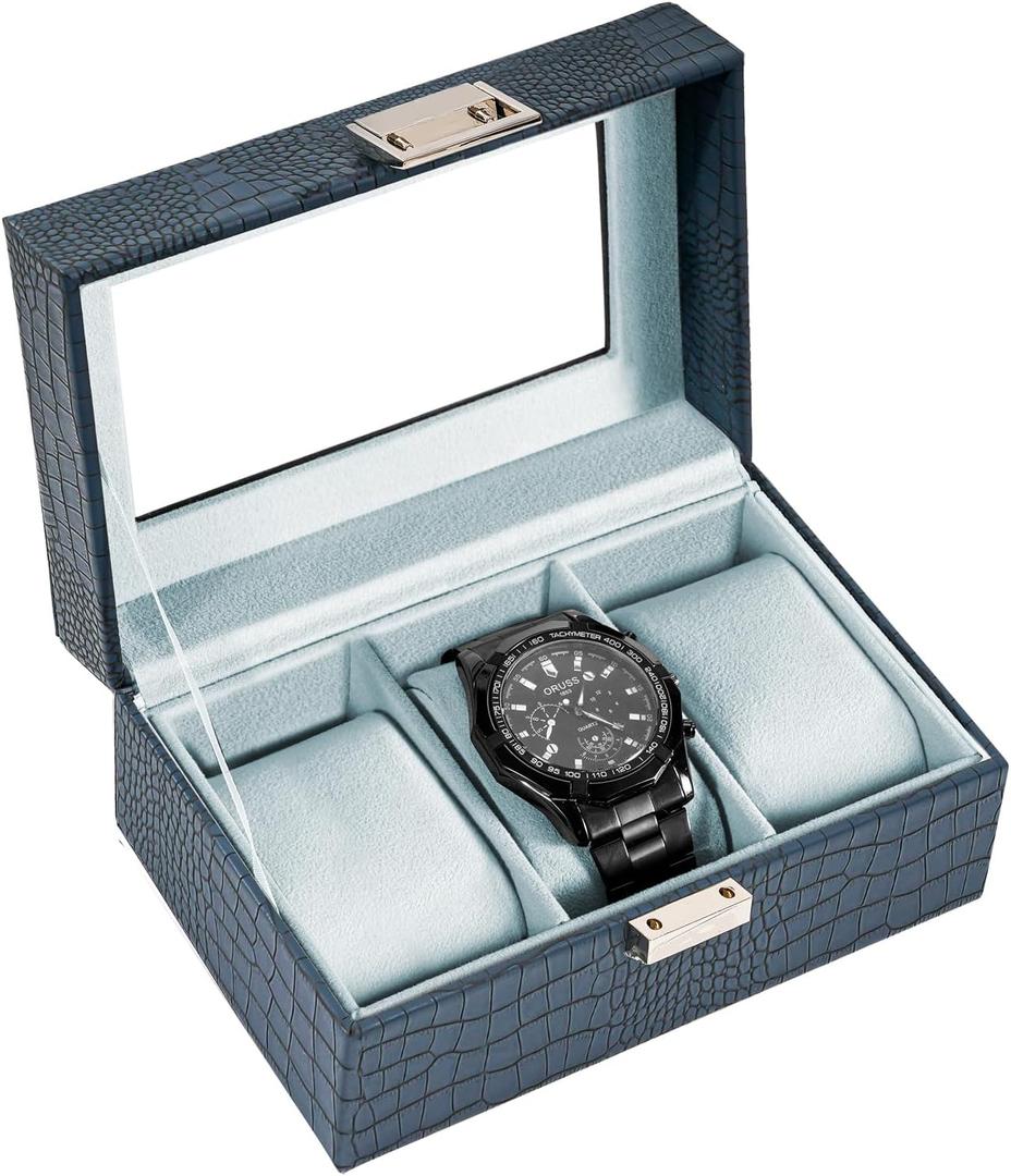 ProCase Watch Box for Men, 3 Slot Mens Watch Case, Watch Storage Watch Holder Organizer for Men, Watch Display Case With Glass Lid -3 Slot, CrocCobaltBlue