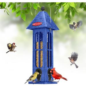 Kingsyard Rainproof Bird Feeder for Outdoor Hanging, Recycled Plastic Wild Bird Feeder with 4 Metal Ports, 3 lbs Large Capacity, Garden Yard Decorations for Bluebird Finches, Blue