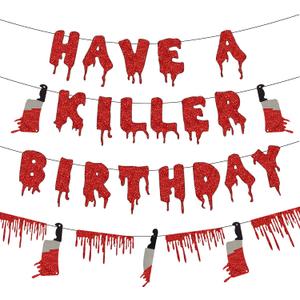 3 x Saliyaa Halloween Horror Birthday Party Decorations Banner, Have a Killer Birthday Banner, Red Blood Drop Garland, Halloween HBD Vampire Killer Party Decorations