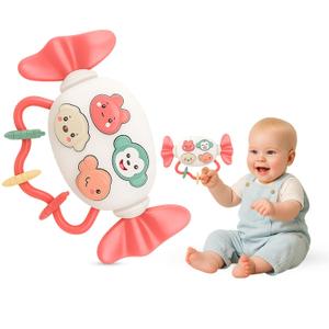 Baby Rattle Teether (2 in 1) Candy Shape with Animals Theme, Musical Learning and Lighting, BPA-Free, Safe Chewable, Soothing Toy, Best for Infants, Baby Shower, Birthday Gift (Pink)