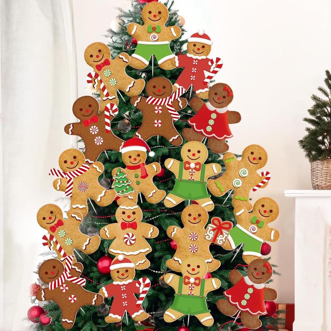 24 Pcs Large Christmas Decorations Indoor: Gingerbread Man Christmas Tree Picks Gingerbread Boy Girl Decorations for Xmas Tree Topper Home Office Party Vase Decor (Mainly Brown)