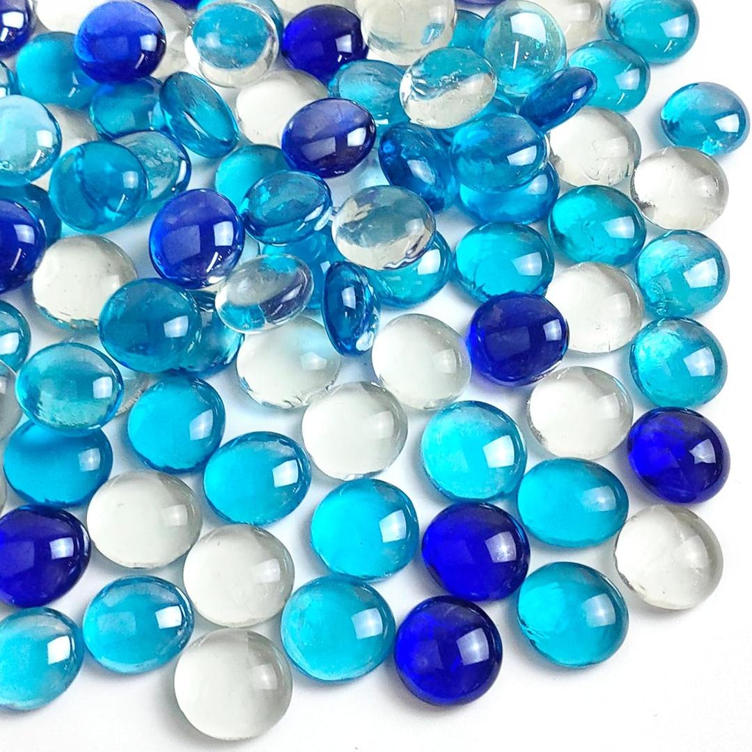 1LB Flat Glass Marbles for Vase, 100 Pcs Mixed Blue Color Glass Pebbles. Glass Rocks for Vase Fillers Fish Tank Crafts Plant Pot Candle Bird Fountains and Wedding Decor
