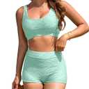 Ribbed Two Piece Swimsuit for Women High Waisted Bikini Sets Tummy Control Bathing Suits Boy Shorts Bottom (Small, Light Blue Textured Bathing Suit)
