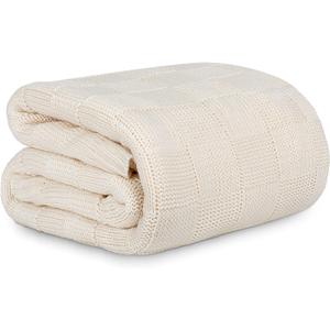 MACEVIA Beige Checkered Throw Blanket Super Soft Cozy Fuzzy, Knitted Throw Blanket 50" x 60" for Couch Beige Blanket for Bed Sofa Chair Camping Travel (Beige) (Throw(50"x 60"))