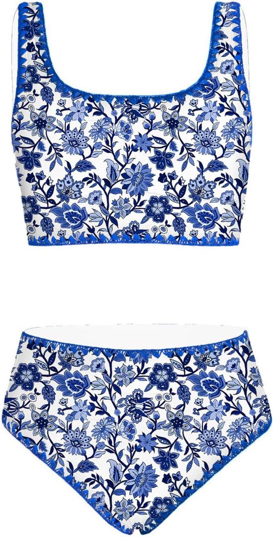 Tween Girl Swimsuits Little Kids Girls Summer Swim Bathing Suits Teen Fashion Two Piece Bikini Boho Hawaii Swimwear Beach Sets Traje Baño Niñas Size 14-15 Year Old Blue Floral