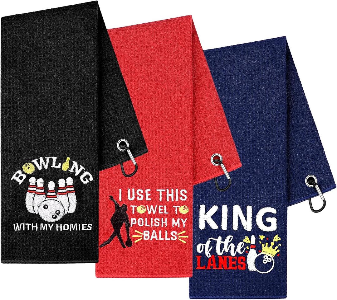 Droutti 3 Pcs Bowling Towel Soft Embroidered Towel with Grommet Funny Bowling Ball Towels Absorbent Hand Towels Accessories Sport Gift for Men Sports Player Fitness Fans Birthday Gifts