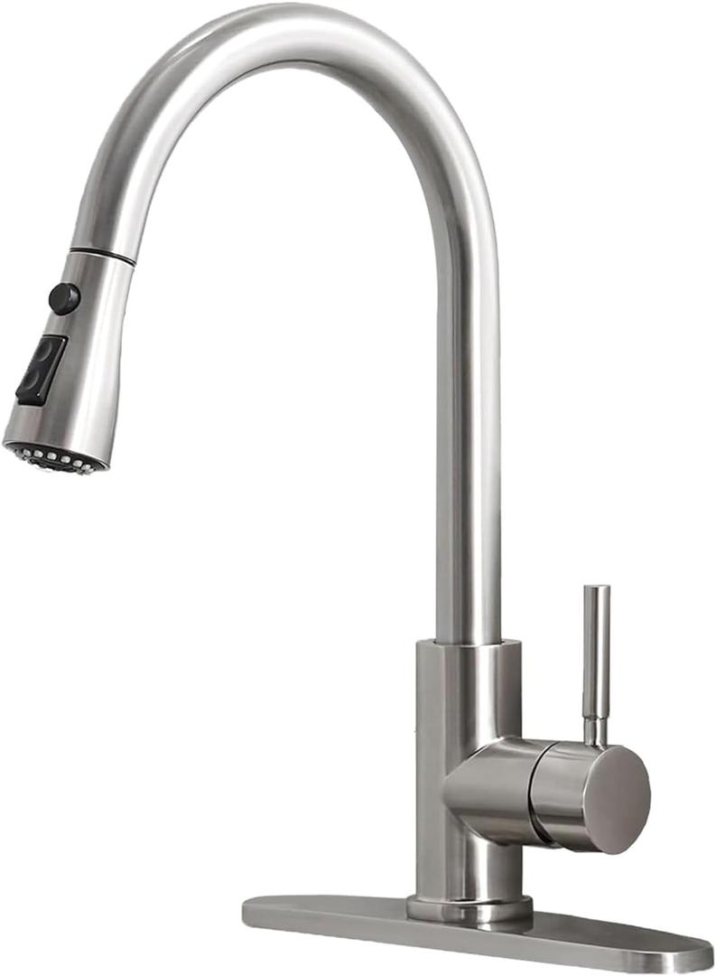 Kitchen Faucets with Pull Down Sprayer, Brushed Nickel High Arc RV Laundry Bar Commercial Sink Faucet, 1 or 3 Hole Stainless Steel Single Handle Faucets for Kitchen Sink with Deck Plate