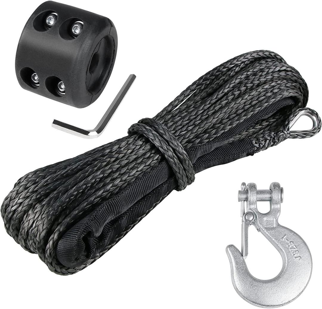 1/4" Synthetic Winch Rope 50 Ft Heavy Duty 10000 lb ATV Winch Rope Line with Steel Hook Rubber Stopper Protecting Sleeve/Sheath and Thimble Universal Fit for ATV SUV Vehicle (Black)