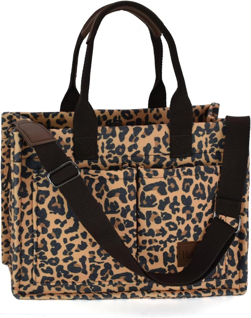 Women Canvas Tote Bag With Pockets Crossbody Bags Casual Hobo Messenger Bag Shoulder Bag Handbag for Women (Brown Leopard)