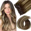 Clip in Hair Extensions Real Human Hair 16 inch Ombre Brown Mixed Honey Blonde Highlight Long Seamless Clip in Hair Extensions for Women Clip in 70G (#8DT60P8D)