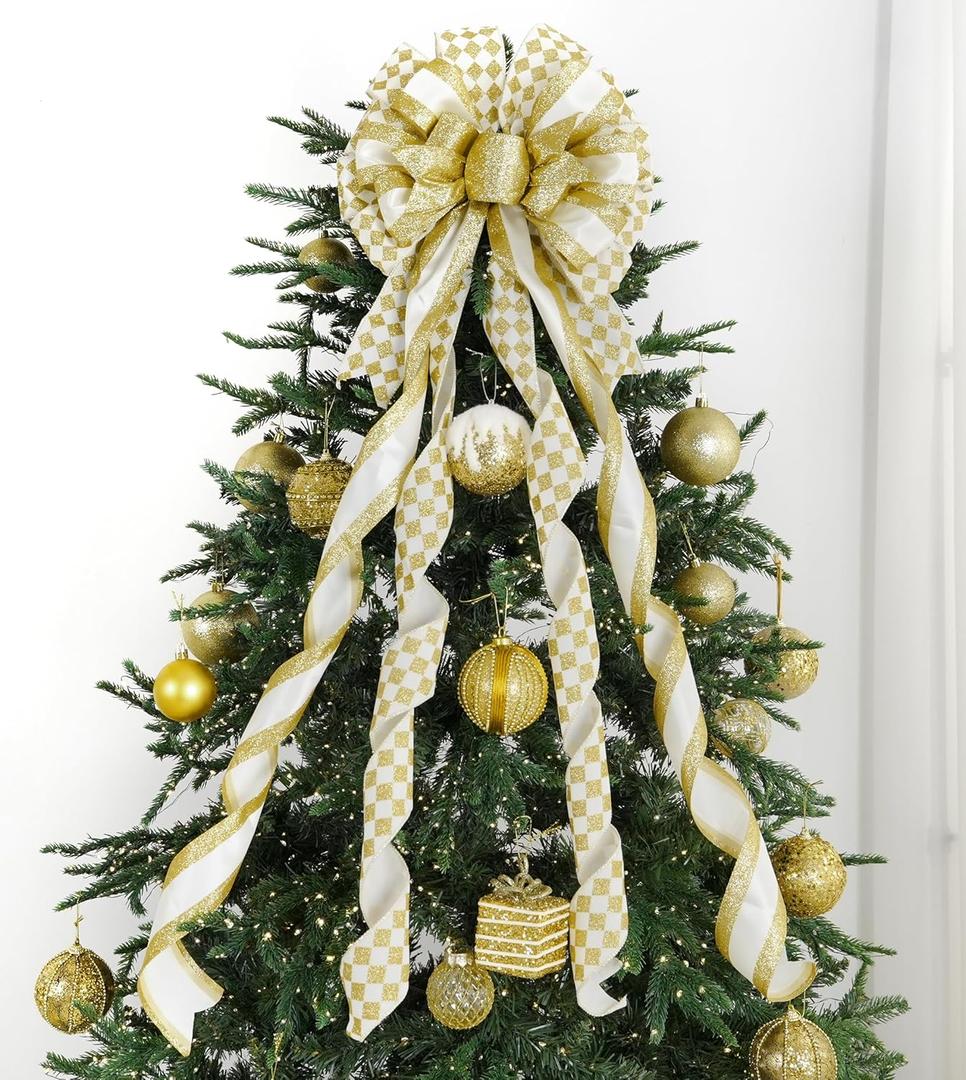 HUIHUANG Gold Christmas Tree Topper Bow 13 inch x 45 inch Gold and White Large Christmas Bows Diamond Velvet Bows for Christmas Tree Ornament, Wreaths, Staircase, Mantel, Home Decor