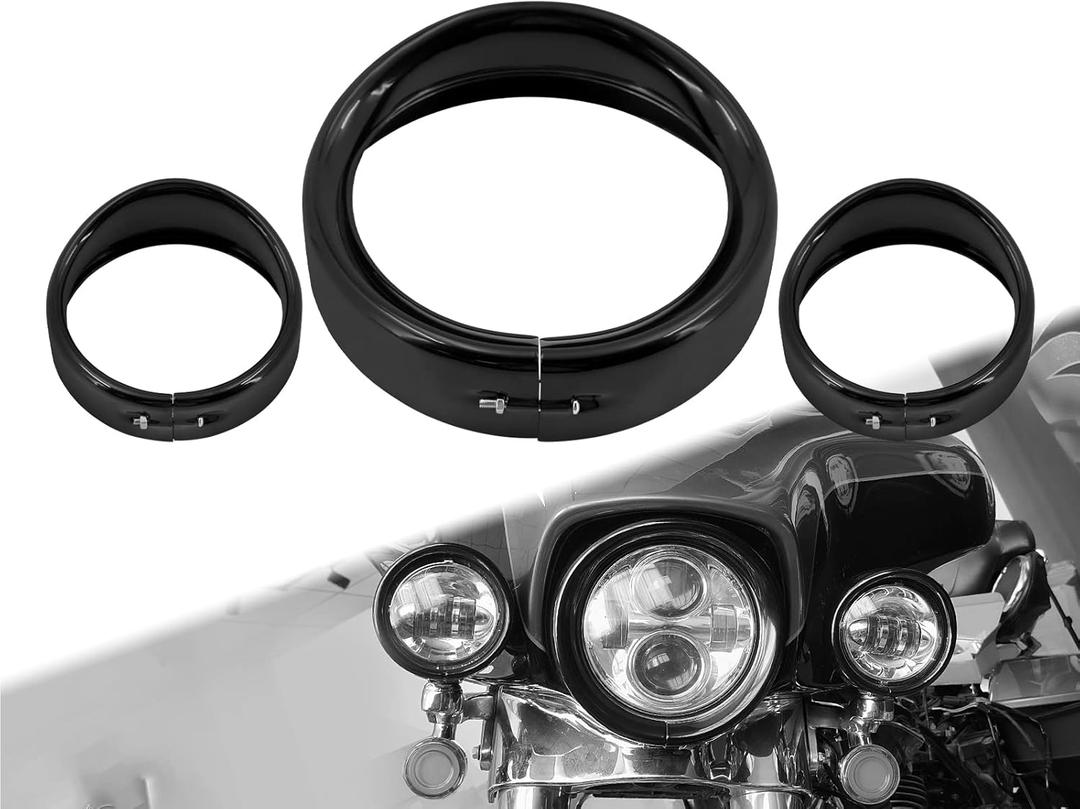 Motorcycle 7" Headlight Trim Ring + 4.5" Fog Light Trim Ring Set Visor Style Fit for Harley Touring Road King Street Glide Electra Glide 2014-UP Gloss Black
