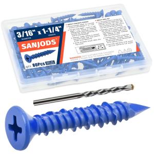 3/16" x 1-1/4" Concrete Screw Anchor, Blue Flat Head Screws for Anchoring to Masonry, Brick, Block, Cement or Stucco (Pack of 80)