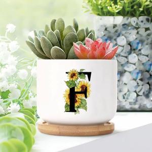 Set of 1 Custom Name Gift Succulent Pot for Outdoor Letter F with Sunflower Planters Ceramic with Drainage Holes Yellow Flower and Monogram Small Pots for Succulents