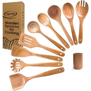 Natural 10-Piece Acacia Wooden Utensil Set, Exquisite Comfort Grip Wooden Spoons for Cooking with Utensils Holder