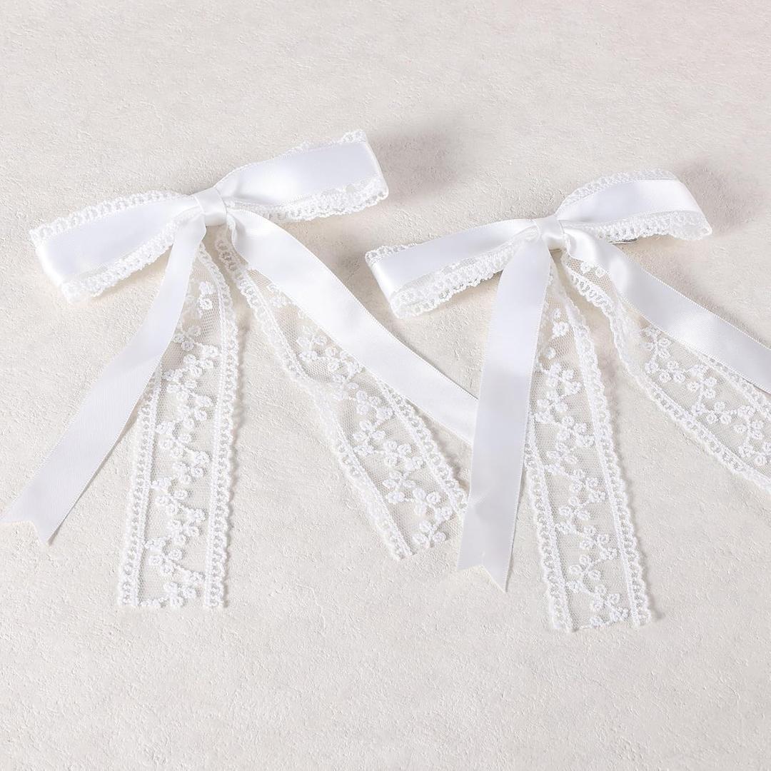 White Lace Ribbon Hair Bow Clips with Long Tail 5.5" Large Lace Alligator Barrettes Hairpins for Women Girls,Wedding Communion Bachelorette Party Dress Decor Accessories, Bridal Shower Gift