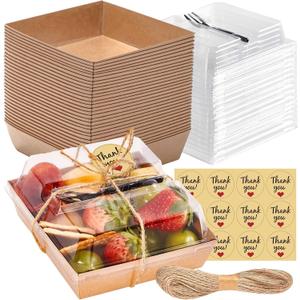 50 Pack Small Individual Charcuterie Boxes with Clear Lids and Forks - To Go Paper Mini Charcuterie Box, Disposable Food Containers, 5Inch Dessert Boxes for Cookie, Cake Slice, Strawberries (Brown)