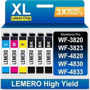 LEMERO Remanufactured Replacement for Epson 822XL Ink Cartridges High Yield Work with Workforce Pro WF-3820 WF-3823 WF-4820 WF-4830 WF-4833 Printer Latest Chip (6-Pack 3 Black, 1 Cyan/Magenta/Yellow)