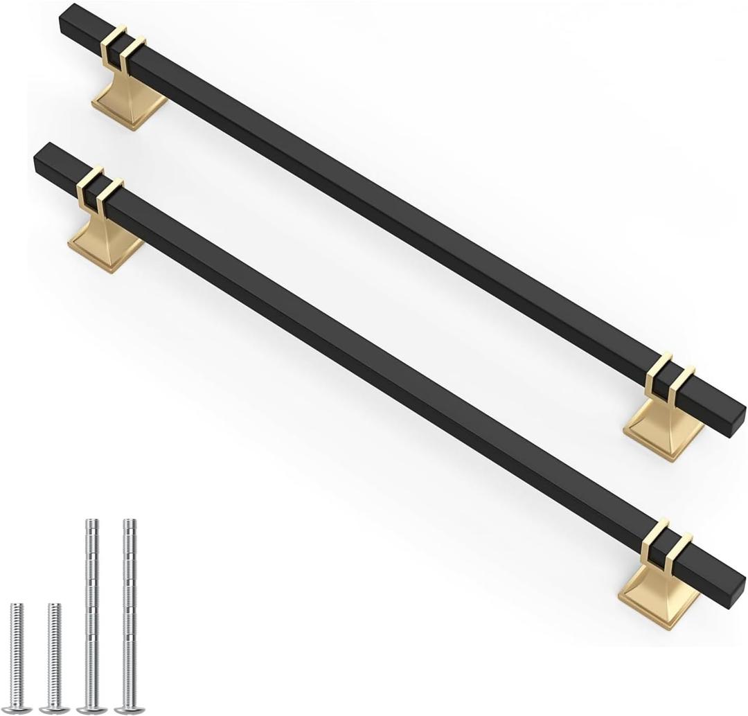 10 Pack 10 Inch Black and Gold Cabinet Pulls Kitchen Cabinet Handles, Black and Gold Cabinet Handles Square Dresser Drawer Pulls Kitchen Cabinet Hardware (10 inch (256mm) Hole Center)