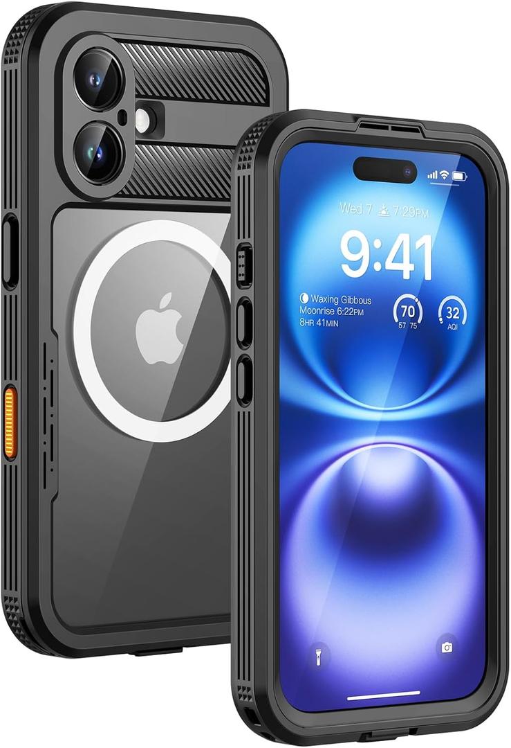 Lanhiem Magnetic for iPhone 16 Case, IP68 Waterproof Dustproof Case, [Compatible with Magsafe] [Built-in Screen Protector] Full Body Heavy Duty Rugged Phone Cover 6.1 inch, Black/Clear