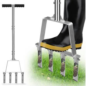 Lawn Core Aerator Tool Coring Grass Aerator Lawn Tool 4 Hollow Tines for Efficient Aeration Heavy Duty Steel Manual Plug Aerator for Lawn Care/Yard Soil Loosening/Grass Maintenance(Silvery)