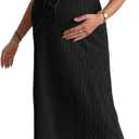OYOANGLE Women's Maternity Summer Casal Short Sleeve Midi Dress Drawstring Waist Textured Pregnancy T Shirt Dress (Black, M)