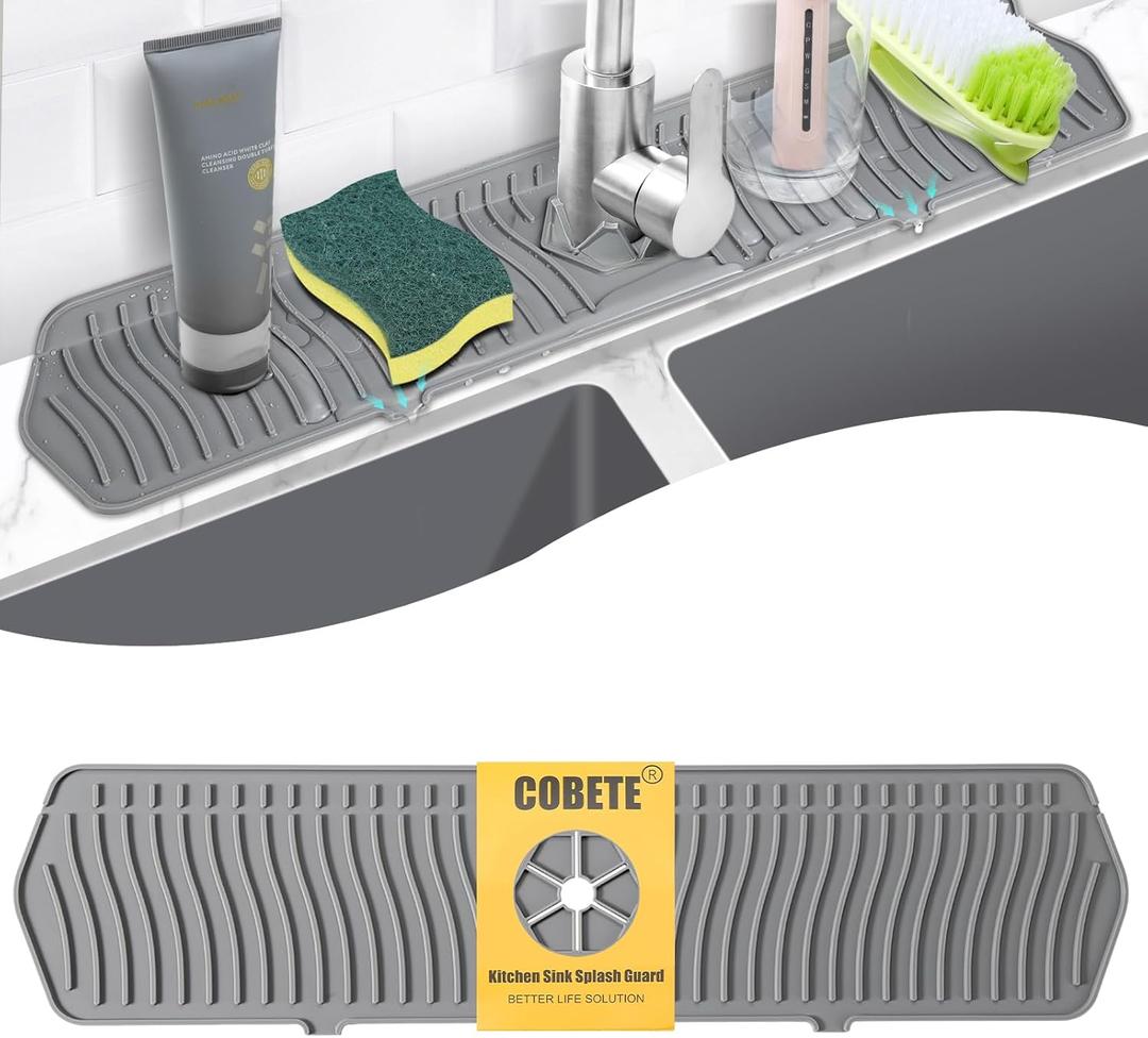 COBETE Kitchen Sink Splash Guard, 24in Faucet Mat Splash Catcher, Handle Drip Catcher Tray, Multipurpose for Kitchen Dish Drying Mats Sponge Holder and Bathroom Countertop Protect