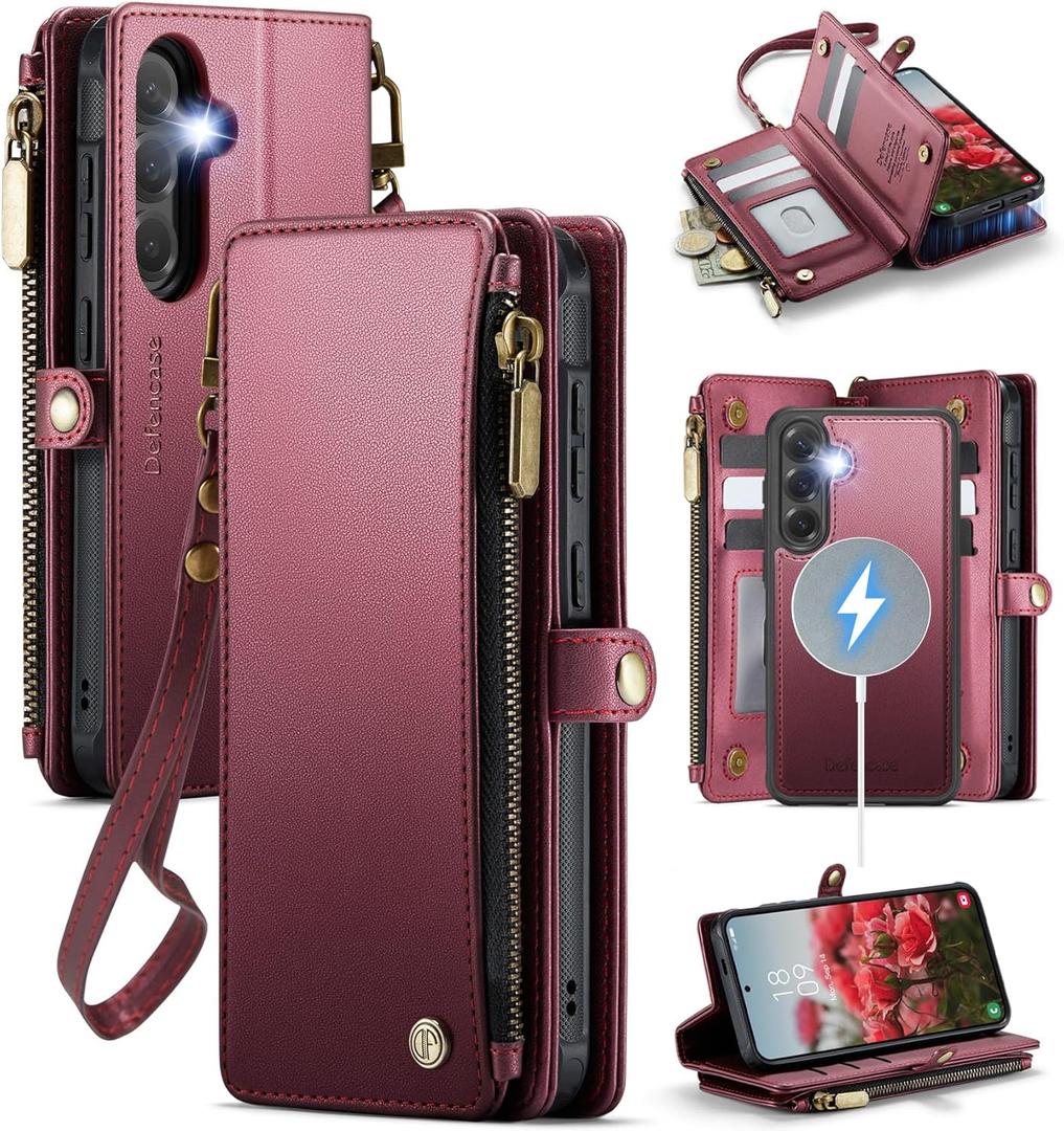 Defencase for Galaxy S25 Magnetic Wallet Case Compatible with Magsafe with RFID Blocking Zipper & Card Holder for Women Men, PU Leather Detachable Phone Case for Samsung Galaxy S25 6.2 inch, Wine Red