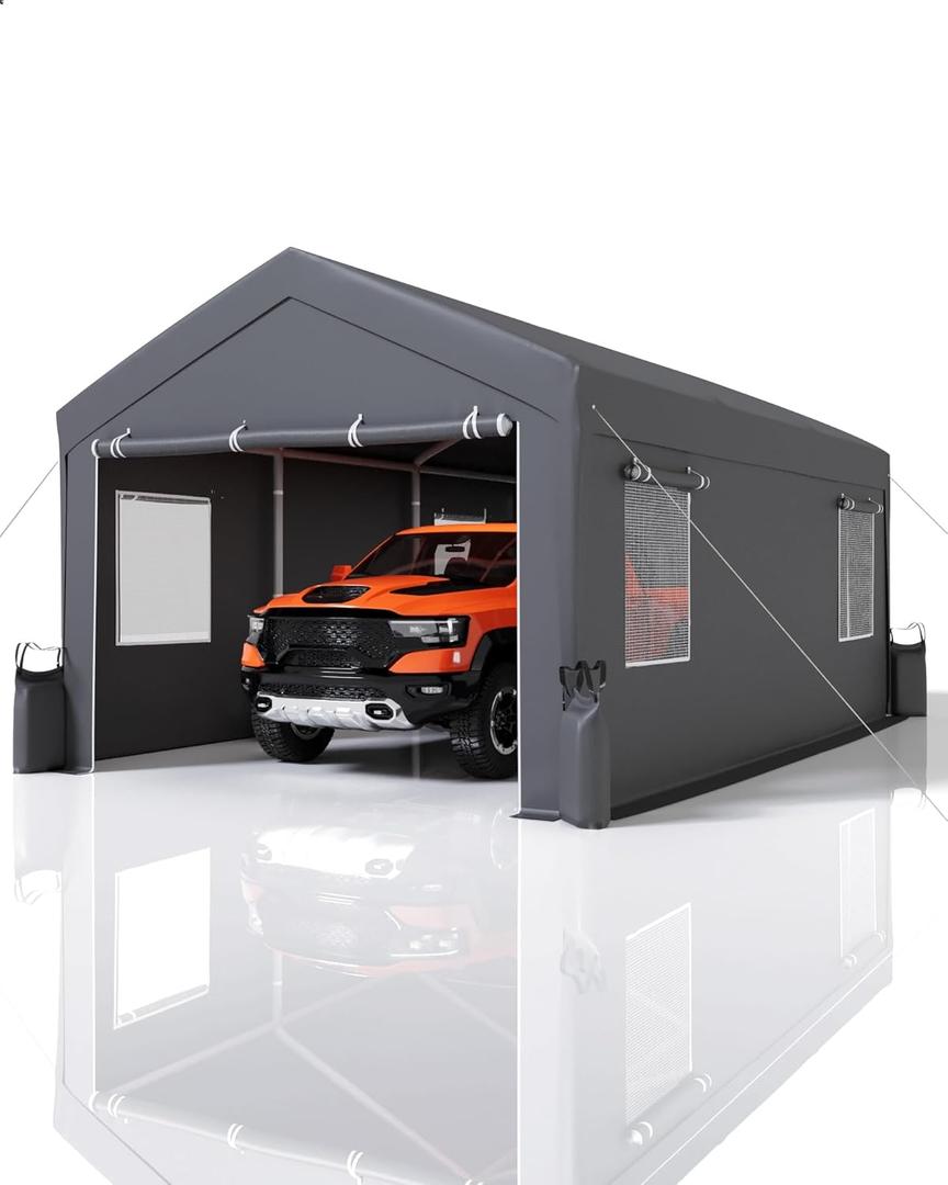 10x20 FT Heavy-Duty Portable Carport, Upgraded Extra-Large Space with Roll-Up Ventilated Windows, All-Season Waterproof UV-Resistant Canopy, Outdoor Shelter for Trucks and Boats - Grey