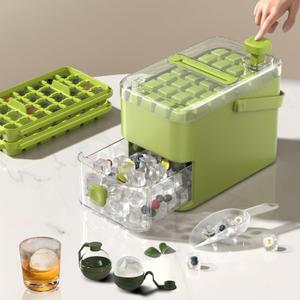 Compact Double Layer Ice Cube Tray with Lid and Bin, One-Click Demolding, Pull-Out Ice Drawer with Portable Handle, Includes 2 Large Ice Ball Molds (Green)