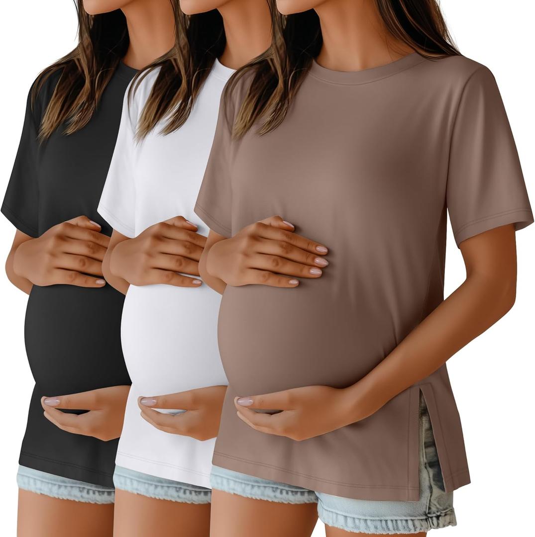 Ficerd 3 Pack Women's Maternity T Shirts, Short Sleeve Side Split Pregnancy Tops Casual Crew Neck Pregnant Tees Mama Clothes (Large, Black, White, Coffee)