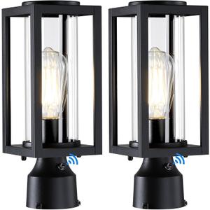 Dusk to Dawn Outdoor Post Lights 2 Packs, Lamp Post Light Fixture Modern Black Exterior Post Lantern Fixture with Tempered Glass, Anti-Rust Light Posts for Outside for Driveway Patio Garden, Dusk to Dawn Sensor-13''