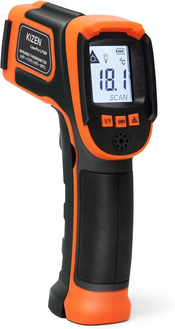Kizen Infrared Thermometer Gun (LaserPro LP300) - Handheld Surface Thermometer for Griddle, Grill, Oven, Engine, & A/C - Laser Surface Temp Reader -58F to 1112F - Heat Detector, Temperature Sensor Gun (Orange)