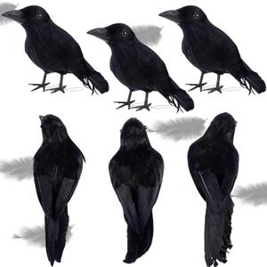 ATDAWN 6 Pack Halloween Black Feathered Crows, Realistic Halloween Birds Decoration for Spooky Decor