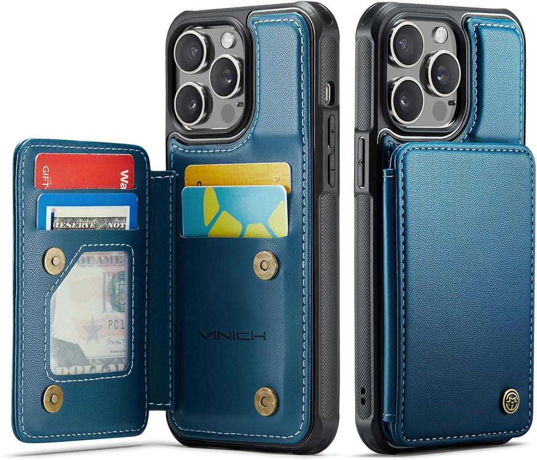 Vinich for iPhone 14 Pro Max Wallet Case with Card Holder, RFID Blocking Credit Slots Kickstand Shockproof Phone Cover for Women Men, Blue