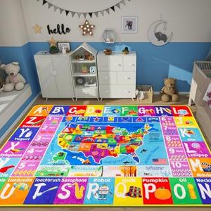 USA Map ABC Kid Rug for Playroom Geography Classroom Play Rug Educational Baby Playmat State Symbols, ABC Letters, Numbers, Seasons&Shapes Fluffy Ployester Non-Slip Preschool Nursery Rug Size XL