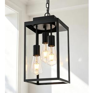 MELUCEE 16'' Outdoor Pendant Lantern 3-Light, Matte Black Exterior Hanging Light Fixture IP44 Waterproof Outdoor Lantern Ceiling Mount with Clear Glass for Front Door Balcony Porch Adjustable Height