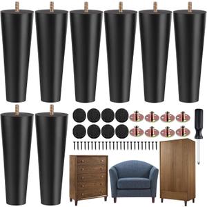 TURSTIN 8 Pieces Furniture Legs 8 Inches Round Solid Wood Furniture Feet with M8 T-Nuts Couch Legs Sofa Leg Replacement Leg for Armchair, Cabinet, Chair, Dresser or Home DIY Projects, Black