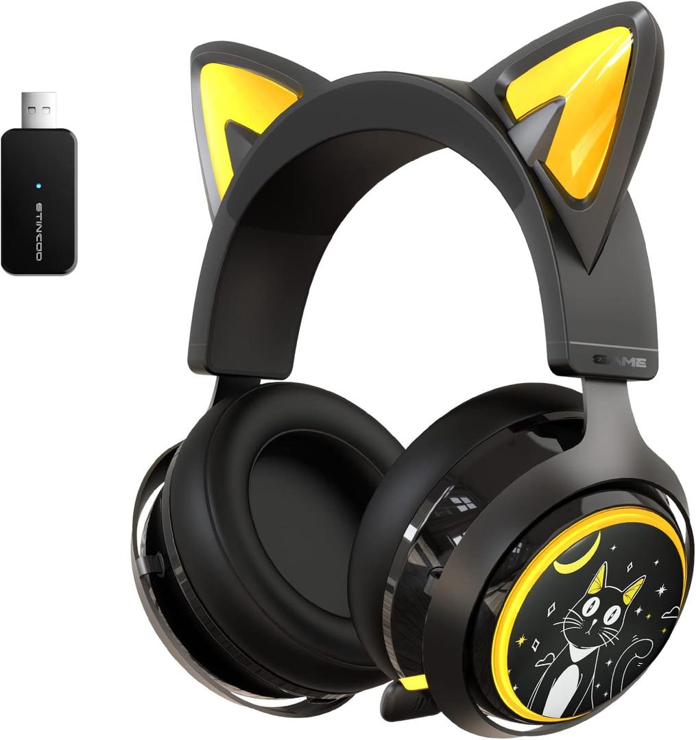 SOMIC GS510 Cat Ear Headset Wireless Gaming Headphones for PS5/ PS4/ PC, Cute Headset 2.4G with Retractable Mic, 7.1 Stereo Sound, 8Hrs Playtime, RGB Lighting (Xbox Only Work in Wired Mode) (Black)