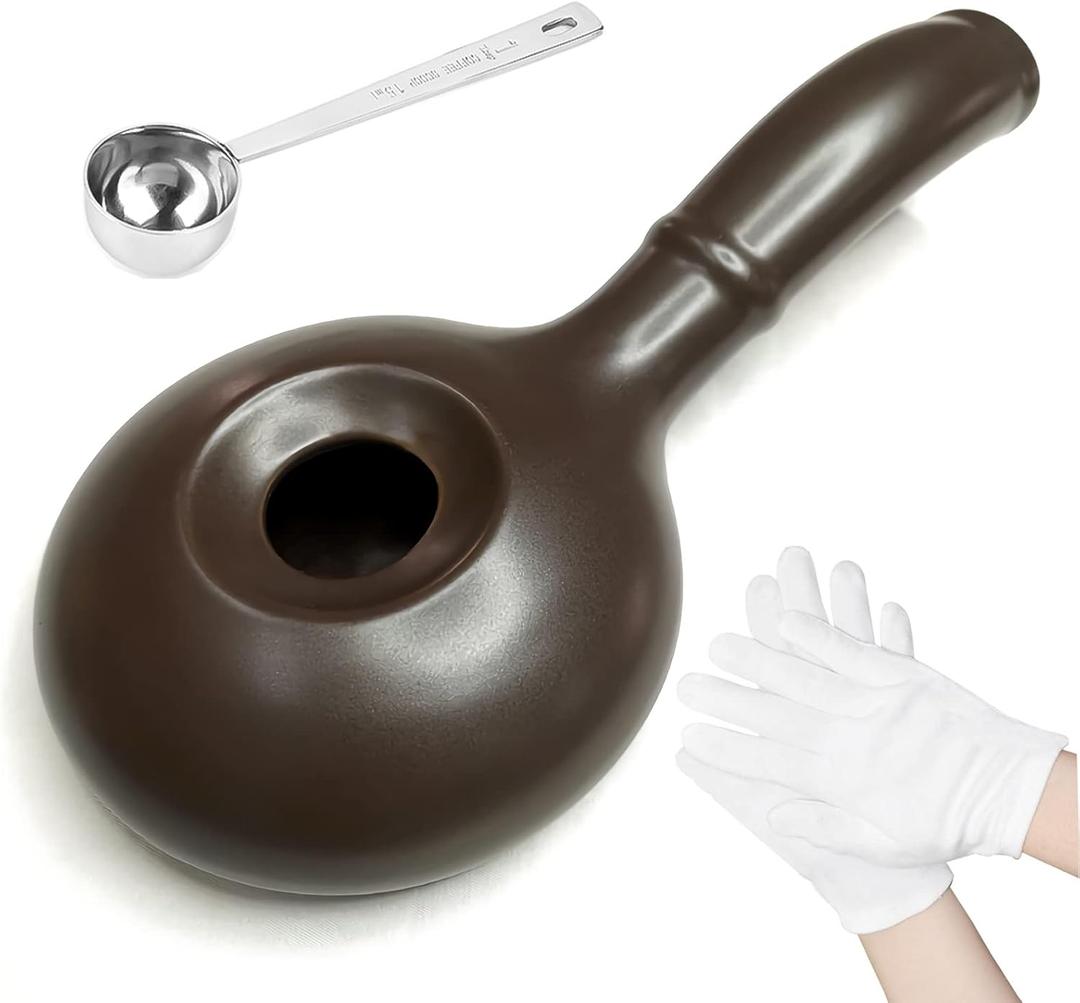 Ceramic Coffee Roaster Machine for Home Use, Handy Stovetop Coffee Bean Roaster with Extended Handle, Manual Coffee Baking Tool (511, brown)