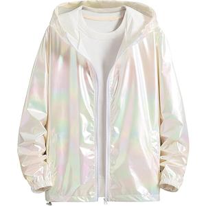 Lars Amadeus Men's Metallic Jacket Lightweight Zip Up Holographic Shiny Hooded Jackets, Small