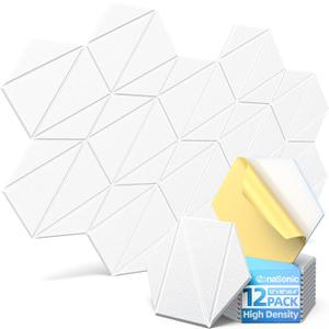 12 Pack Acoustic Panels with Self-Adhesive 12"X10"X0.4" Sound Proof Foam Panels for Walls, High Density Soundproof Wall Panels, Z-Line Hexagon Sound Dampening Panels for Home Studio Decor Office-White
