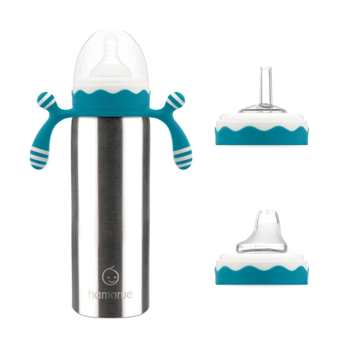 3-in-1 Deluxe Stainless Steel Sippy Cup for Babies and Toddlers | Non-Toxic Plastic Free Liquid Transfer | Straw Baby Cup & Bottle | Leak Proof Insulated (Teal, 8 oz)