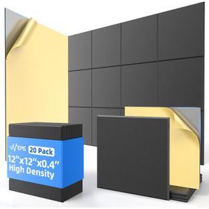 20 Pack Acoustic Panels with Self Adhesive, 12" X 12" X 0.4" High Density Sound Proof Foam Panels for Walls, Soundproof Wall Panels, Square Sound Absorbing Panels for Home Studio Office Decor - Black