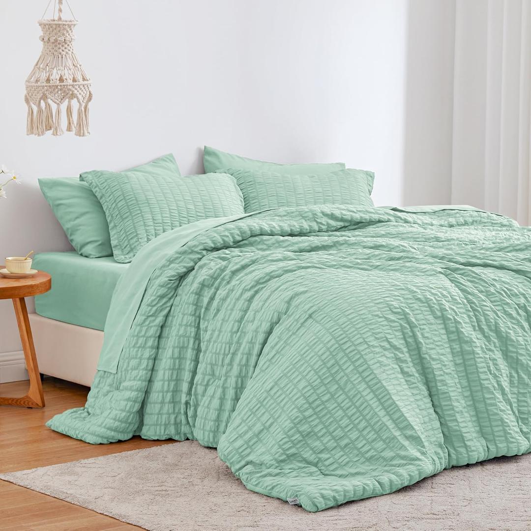 Love's cabin Seersucker Light Green Twin XL Comforter Set, 5-Piece All Season Lightweight Bed in a Bag Bedding Set with Comforter, Flat Sheet, Fitted Sheet, Pillowcase and Sham