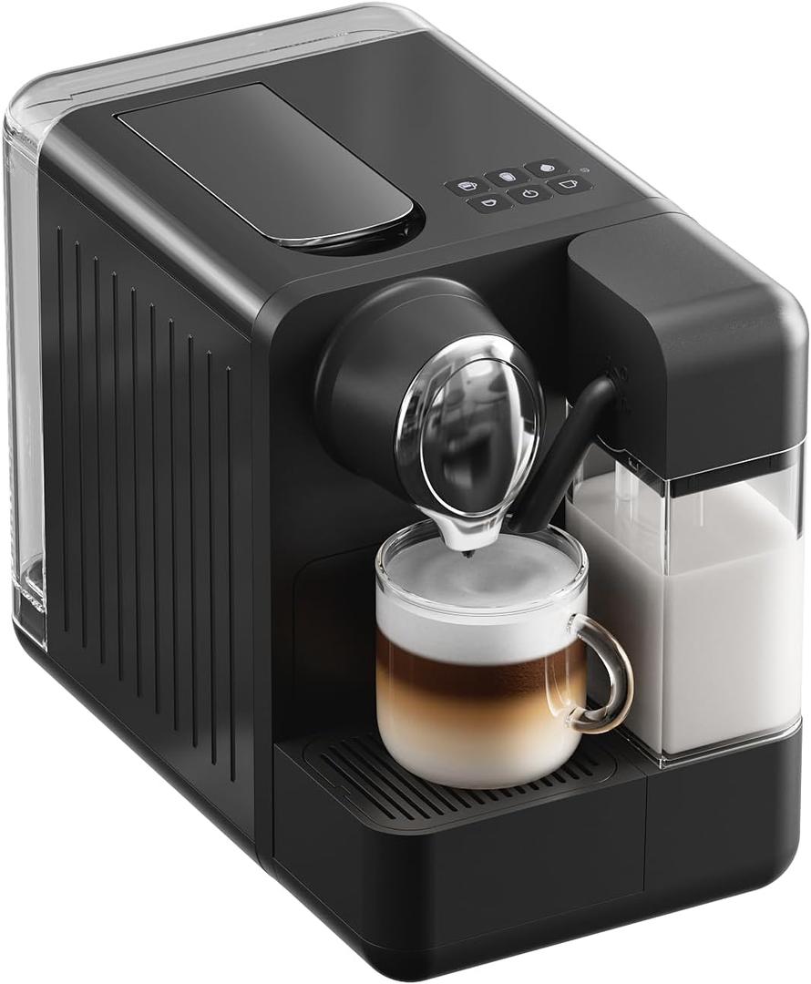 Espresso Machine with Integrated Automatic Milk Frother - Single-Serve Coffee Maker Espresso Capsule Compatible, One Touch Latte & Cappuccino, Single or Double Shot Espresso Maker, Black (Large)